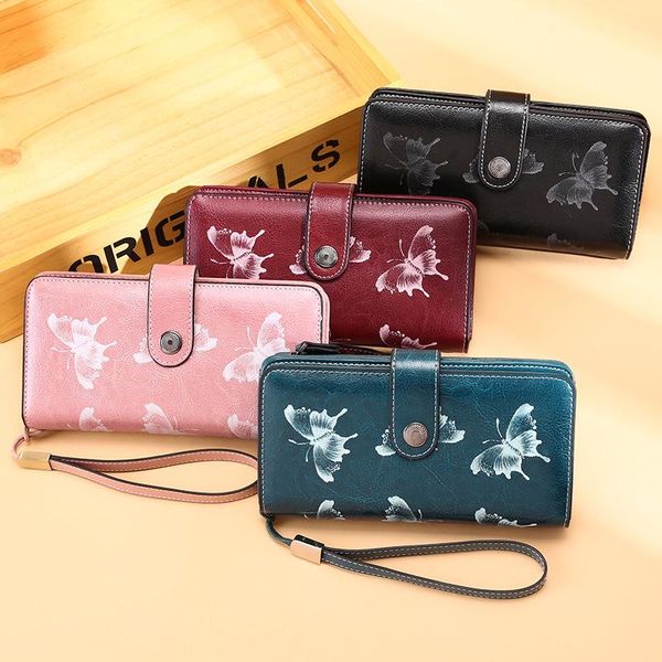 

wallets leather ladies long purse women's multi-card wallet in hand, Red;black