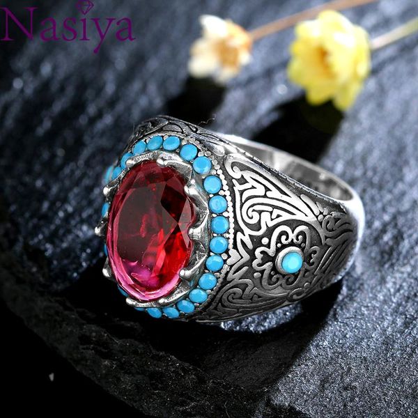 

cluster rings s925 silver retro ring oval ruby zircon stone for men women red gemstone jewelry male thai turkish gifts, Golden;silver