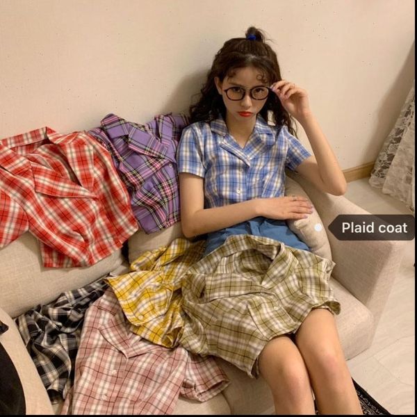 

korean preppy style plaid women shirt turn down collar sweet summer short sleeve single breasted friends sister, White