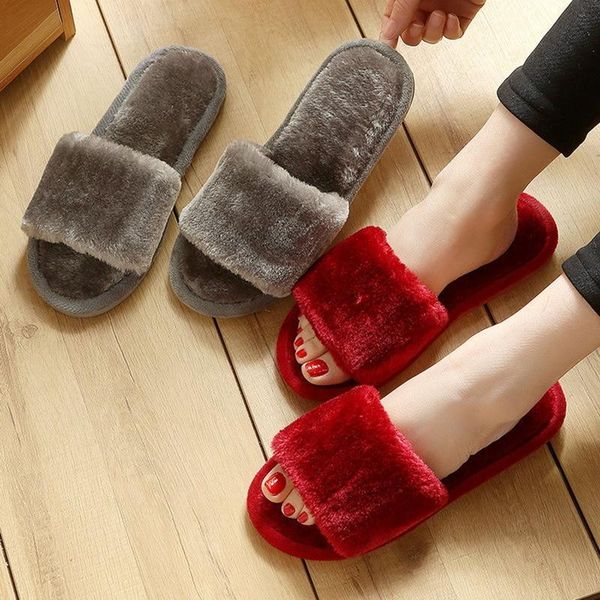 

women winter slipper furry slides home slippers warm shoes slip on flats female faux fur wholesale, Black