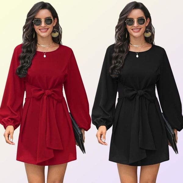 

autumn women solid color o-neck lantern sleeve slim a-line dress 2021 fashion bow casual elegant mini party clothing dresses, Black;gray
