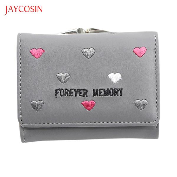 

wallets jaycosin 2021 brand leather women lovely heart embroidery hasp small wallet card holder coin purse money bag, Red;black