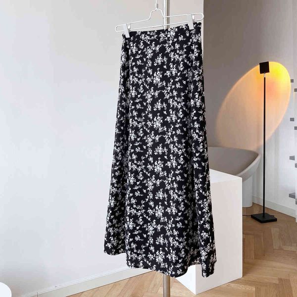 

spring korean women long flower printed high waist middle length french chiffon a-line skirt i50g, Black