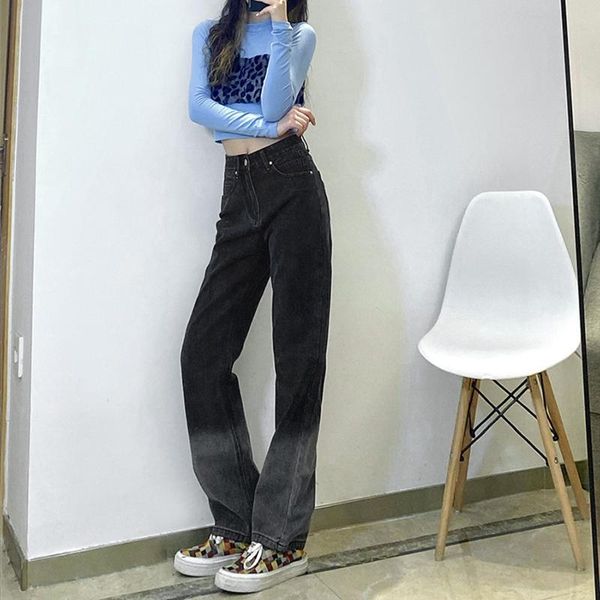 

women's jeans women wide leg trendy high waist straight gradient print heart patchwork denim pants fashion streetwear, Blue