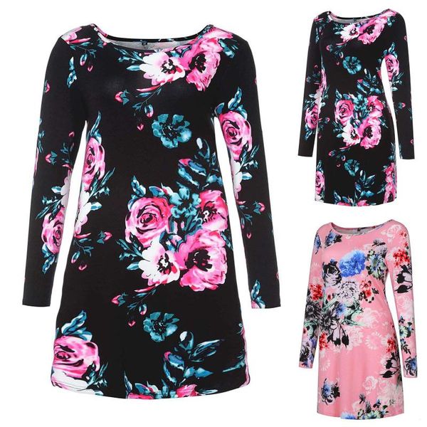 

casual dresses ladies fashion robe pullover round neck bohemian print pocket vestido long sleeve cotton dress 2021 bodycon, Black;gray