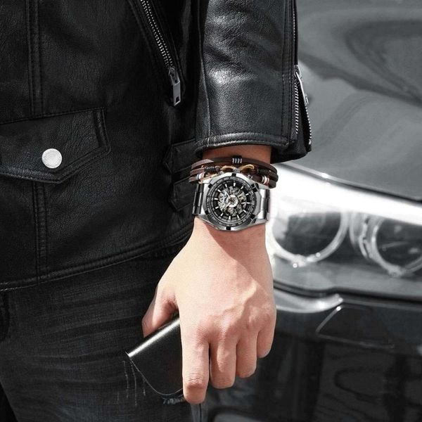 

wristwatches forsining 2021 stainless steel waterproof mens skeleton watches transparent mechanical sport male wrist, Slivery;brown