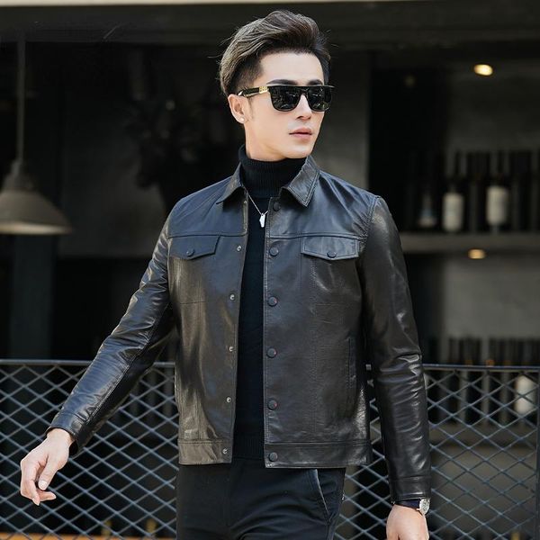 

men's leather & faux high-end 100% genuine jackets male 2021 autumn real goatskin jacket spring fashion clothes veste homme gmm, Black