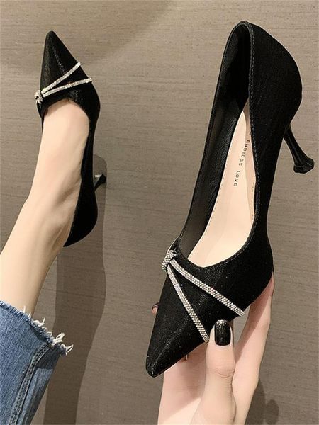 

dress shoes net red french high heels fairy style spring versatile fashion pointed shallow mouth women's single in 2021, Black