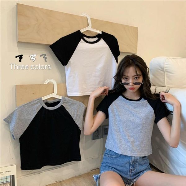 

women's t-shirt korean casual fashion hit color round neck short sleeve summer all-match bottoming shirt slim top, White
