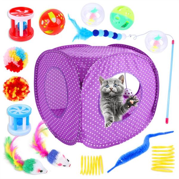 

cat toys 15pcs toy fur ball transparent globe simulation colorful mouse flower drum spring foldable tent combination set