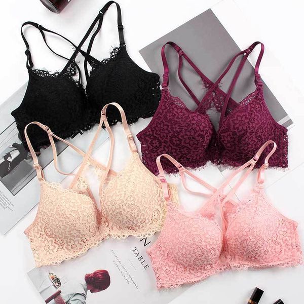 

bras sets original lace front button beautiful back comfortable no steel ring gathered underwear hollow out trace bra suit, Red;black