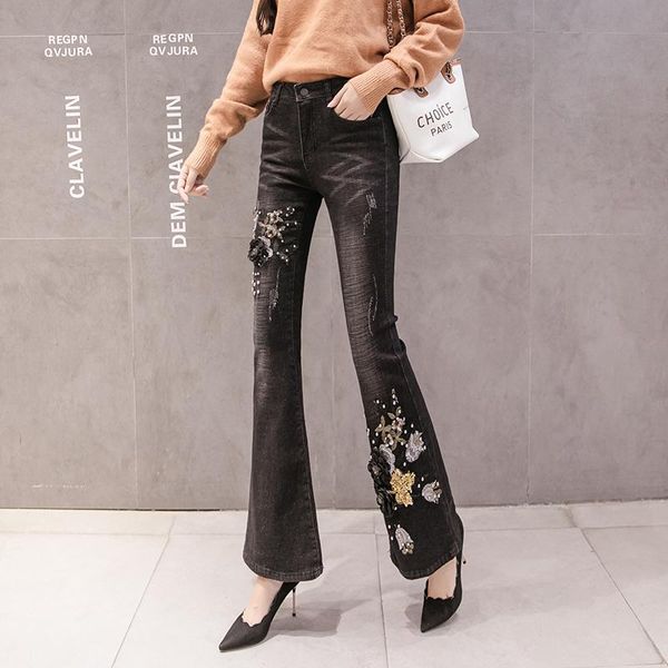 

women's jeans flare denim pants wrinkle wash velvet thick for women winter warm embroidery elastic black, Blue