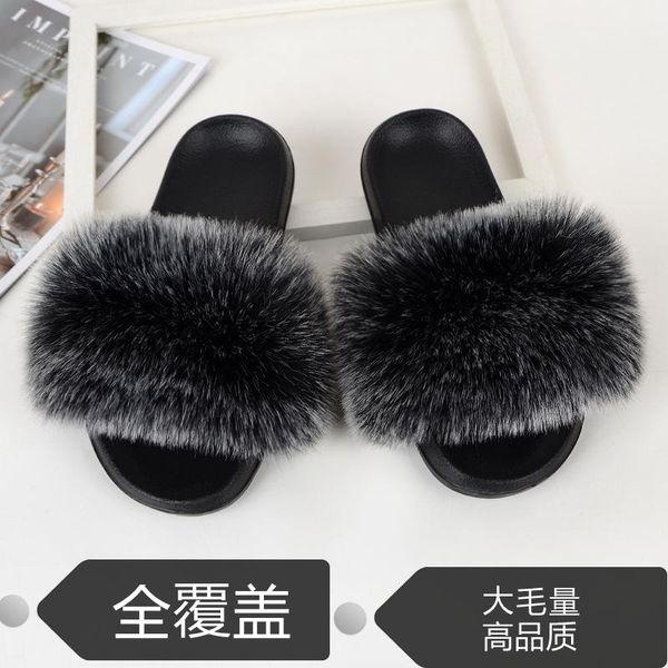 

house slippers immitation fur women summer imitation raccoon dog anti slip, Black