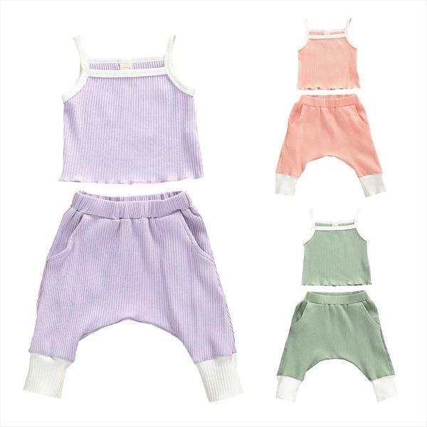 

fast 0 3years baby summer knit clothes toddler girl sling tank loose harem pant outfits 2 piece sets, White