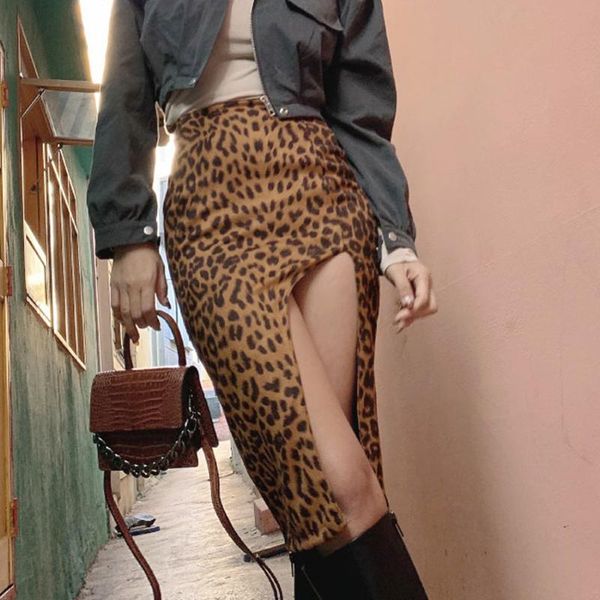 

leopard printed skirts y2k brown retro cut out korean style mid calf women streetwear party clubwear, Black