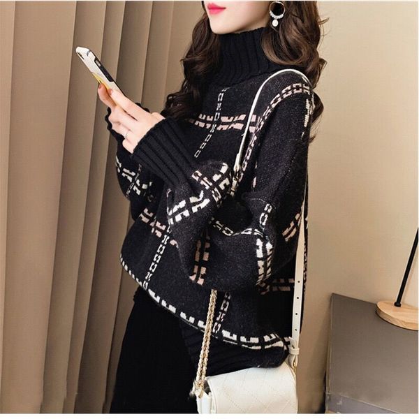 

women's sweaters thick turtleneck jumper autumn and winter female super fire net red sweater loose lazy style long-sleeve odie, White;black