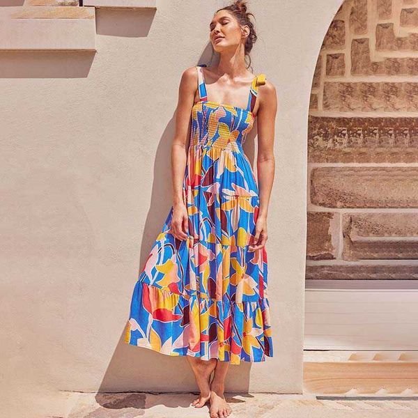 

print strap slash neck sleeveless dress women casual folds vintage backless loose streetwear beach party long dresses 210608, Black;gray