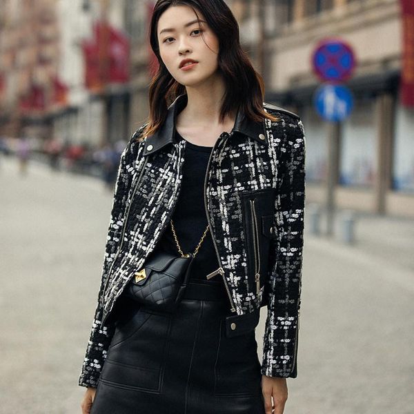 

women's leather & faux autumn weave tweed stitching jackets women streetwear chic pocket fashion patchwork pu coat, Black