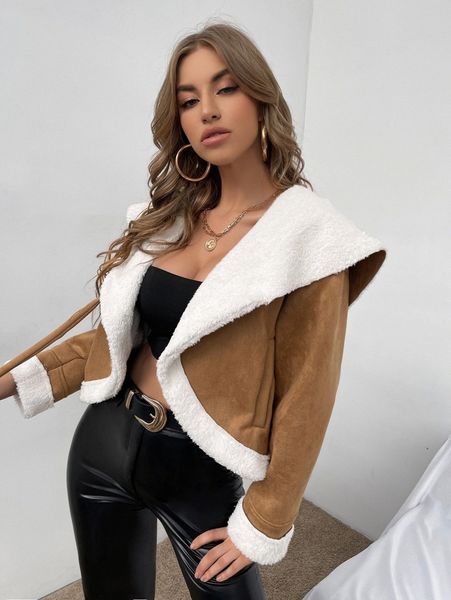 

teddy lined wrap crop suede jacket 70pe#, Black;brown