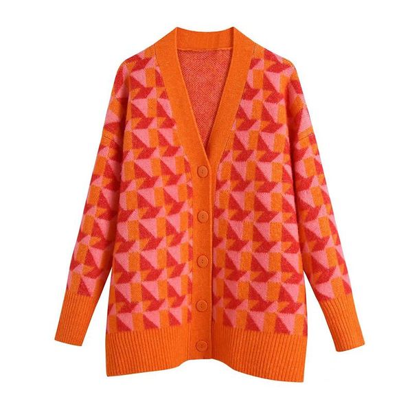 

women's knits & tees evfer autumn womens fashion knitted geometric print orange cardigans outwear chic lady casual v-neck long sleeve l, White