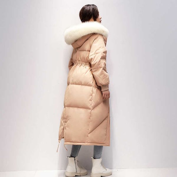 

women's real fox skin neckline hoodie, white duck down long coat, 90%, Black