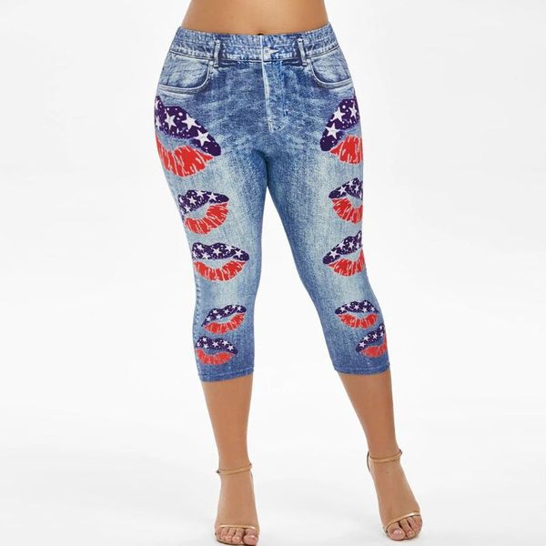 

women's jeans woman solid vintage high waist plus size 3d denim lips print womens elastic leggings jeggings pants trousers, Blue