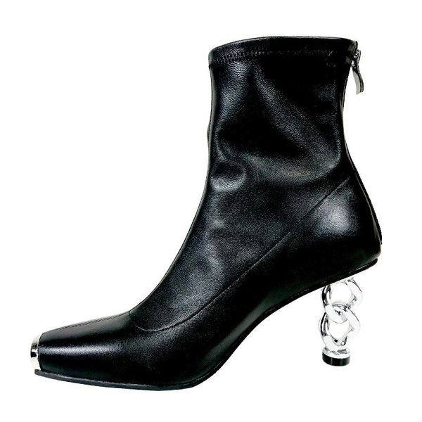 

boots strange heel women ankle metal square toe high shoes woman genuine leather short booties autumn elastic botas mujer, Black