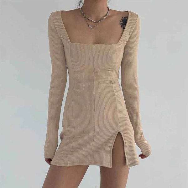 

tight-fitting dress slit tight-fitting knitted female autumn style square neck all-match bag hip skirt elegant 210526, Black;gray