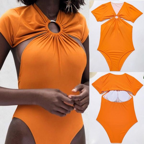 

women's swimwear fashion orange conservative bodysuit hollow design bikini solid color one-piece swimsuit zwempak vrouwen f4, White;black