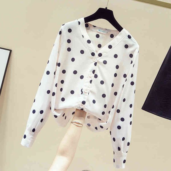 

autumn women's v neck long sleeves polka dot shirt ladies all-match casual chiffon shirts blouse a3696 210428, White