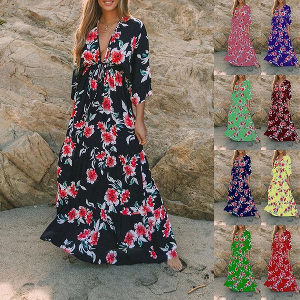 

casual dresses oversized women's clothing fashion printed deep v three-quarter sleeves waist ladies dress long skirt exotic, Black;gray