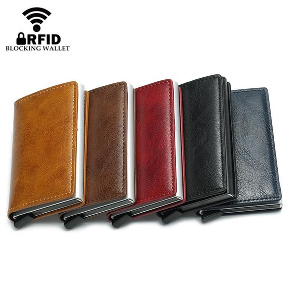

rfid wallets leather metal slim thin card holder money purse male short clutch magic smart small wallet, Red;black
