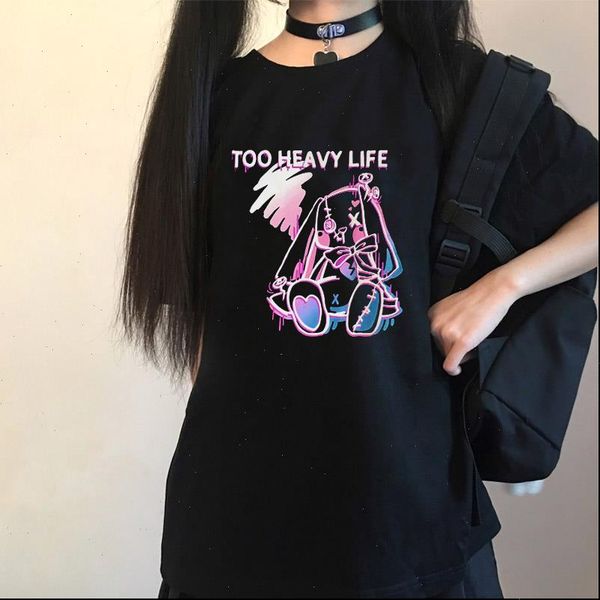 

punk gothic kawaii letter women t shirt print too heavy life rabbit cartoon casual loose cute e girl chic vintage, White