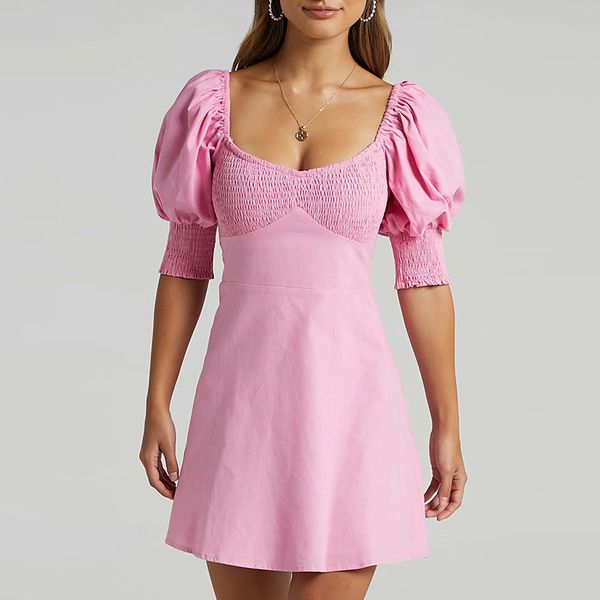 

summer women dress fashion solid puff sleeve casual mini party vestido elegant square collar girls causal outfits 210422, Black;gray