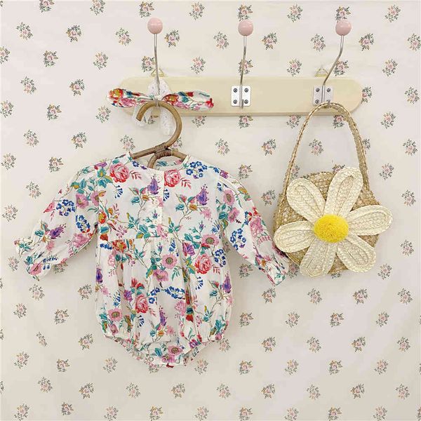 

born baby girls floral printed long sleeve coveralls with hairband cute girl puff princess bodysuits 210508, Blue