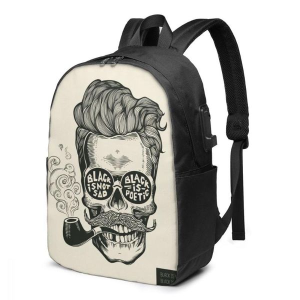 Mochila Vintage Barbershop Cartaz Barbeiro Crânio Mulheres Homens Carga USB Saco Escola para Menina Menino Viagem Laptop Bookbag Daypack216Q