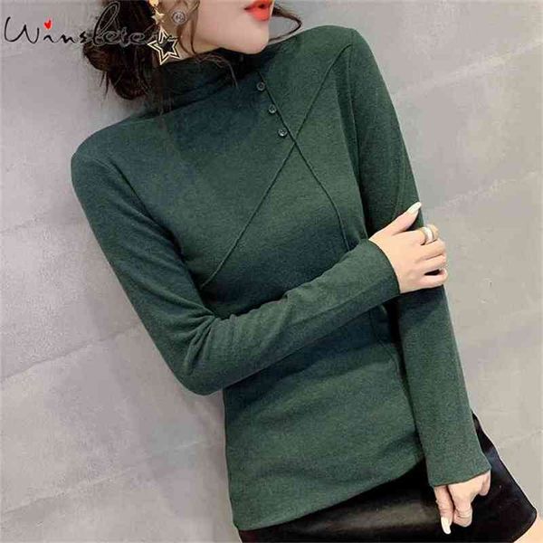 

brushed cotton thick t shirt women multi colors plus size s-3xl turtleneck long sleeve tee slim stretchy t02508b 210421, Black;gray