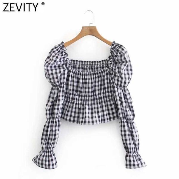 

zevity women vintage square collar plaid print short slim smock blouse female puff sleee pleat shirt chic blusas ls9034 210603, White