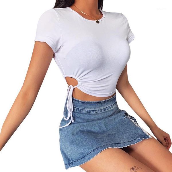 

women's drawstring crop fashion short sleeve bodycon workout t-shirt basic tee, White