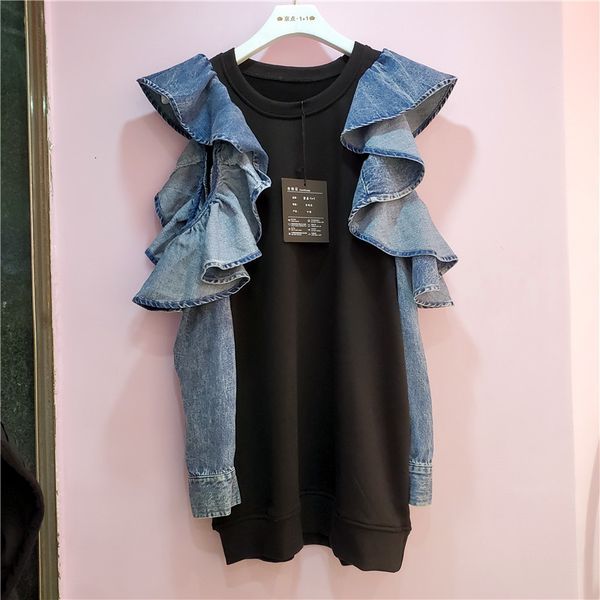 

women's hoodies & sweatshirts [ewq] autumn ladies pullovers fashion stitching denim hollow out shoulder ruffled sleeve sweatshirt wome, Black