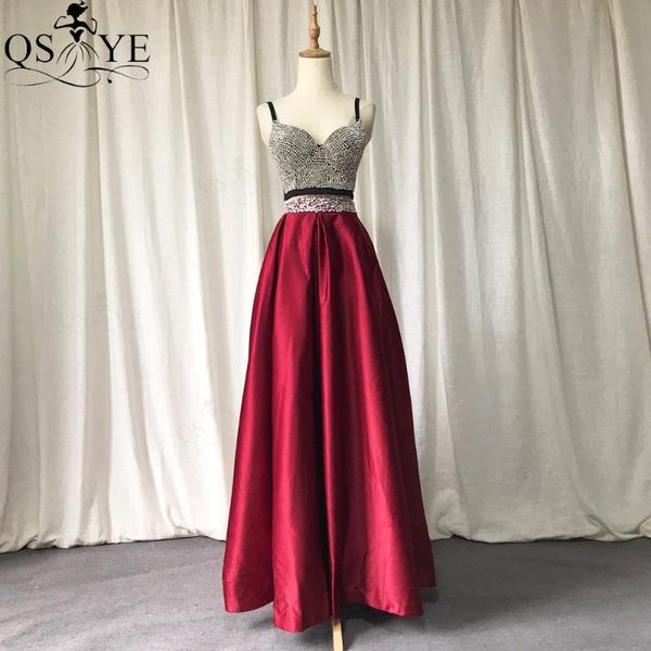 

party dresses qsyye red prom two pieces satin evening dress long v neck crystal beaded a line gown floor length, White;black
