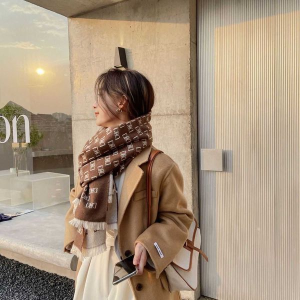 

scarf female 2021 autumn winter letter d imitation cashmere scarf style thickened warm bib shawl, Blue;gray