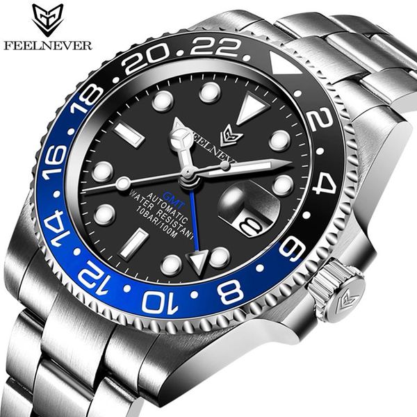 

wristwatches 2021 feelnever 100m waterproof mechanical watch men 316l stainless steel automatic watches gmt, Slivery;brown