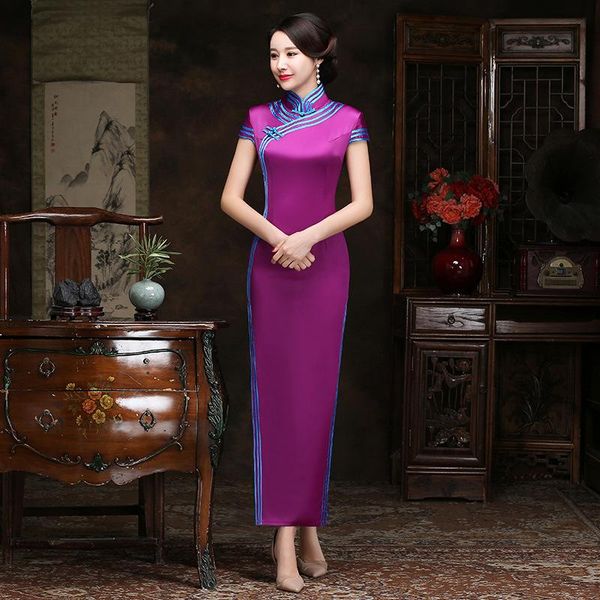 

ethnic clothing plus size 3xl 4xl 5xl slim purple qipao satin cheongsam elegant mandarin collar chinese dress long classic vestidos gow, Red