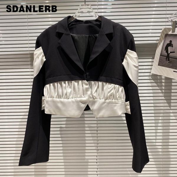

women's suits & blazers 2021 autumn long sleeve blazer jacket black white contrast color pleated lace short suit coat women patchwork c, White;black