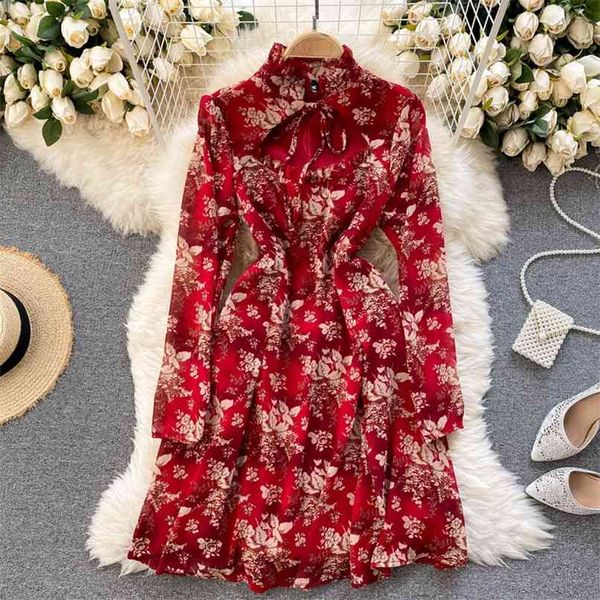 

women red floral print long sleeve dress elegant lace-up stand collar hollow out front a-line party spring 210603, Black;gray