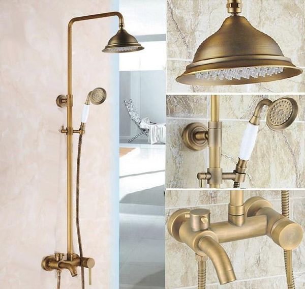 

vintage retro antique brass single handle bathroom 8.2 inch round rain shower faucet set bath tub mixer tap hand mrs182 sets