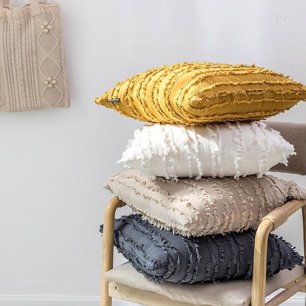 

cushion/decorative pillow solid color cotton linen jacquard tassels hold case home decoration sofa pillowcase bedside cushion cover