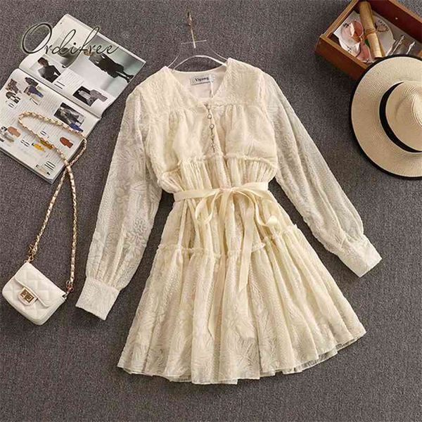

summer women lace dress long sleeve v neck hollow out embroidery single breasted vacation beach 210513, Black;gray
