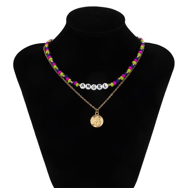 

yamog circle relief angle portrait pendant necklaces women acrylic letter colorful beaded collarbone chains european female double layer thi, Silver